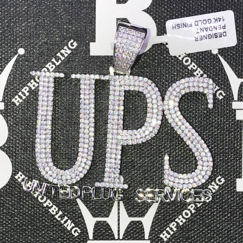 UPS United Plug Services CZ Hip Hop Bling Bling Pendant White Gold HipHopBling