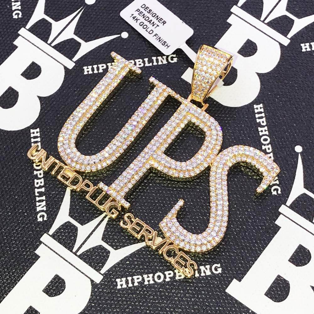 UPS United Plug Services CZ Hip Hop Bling Bling Pendant Yellow Gold HipHopBling