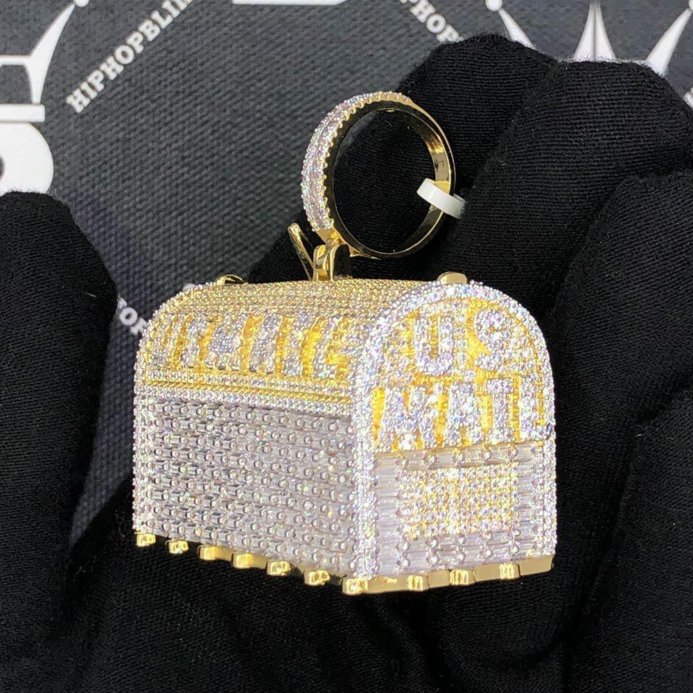US Mail Mailbox Baguette VVS CZ Hip Hop Bling Pendant Yellow Gold HipHopBling