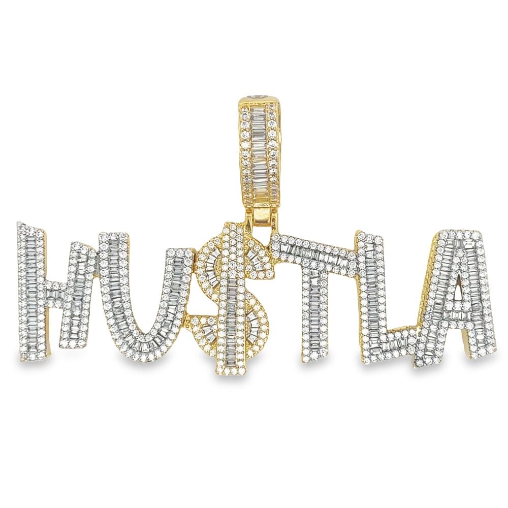 V2 HU$TLA 3D Baguette VVS CZ Hip Hop Iced Out Pendant HipHopBling