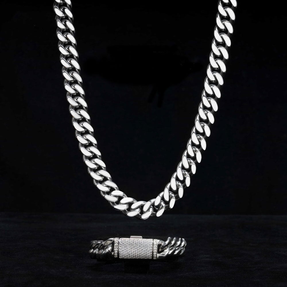 VVS Moissanite Miami Cuban Chain Steel / .925 Silver 8MM White Gold 18" HipHopBling