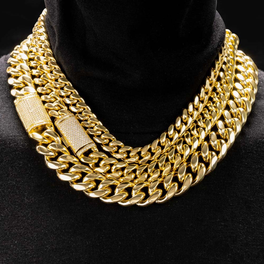 VVS Moissanite Miami Cuban Chain Steel / .925 Silver 8MM Yellow Gold 18" HipHopBling
