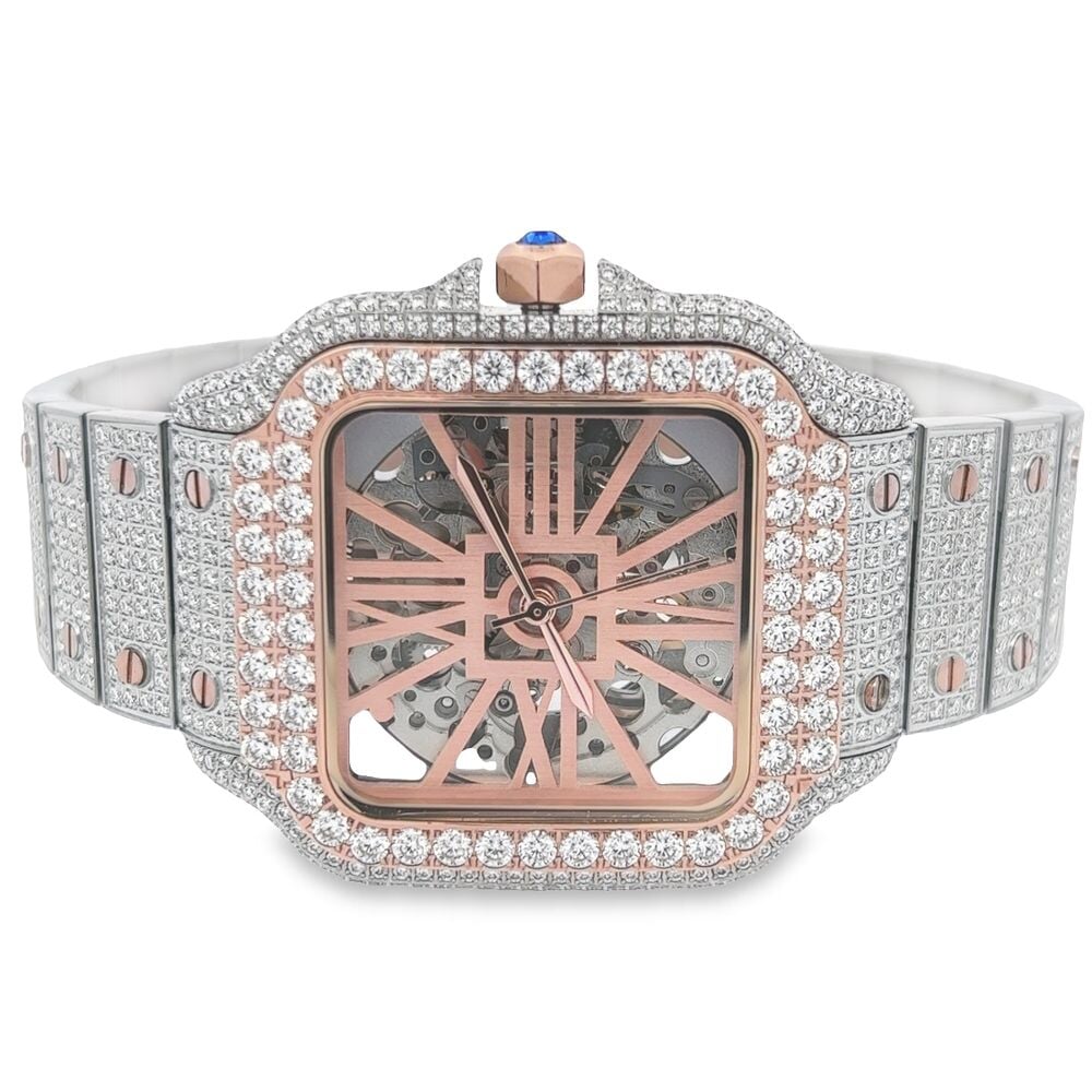 VVS Skeleton Moissanite Iced Out Auto Square Steel Watch 2 Tone Rose/White HipHopBling