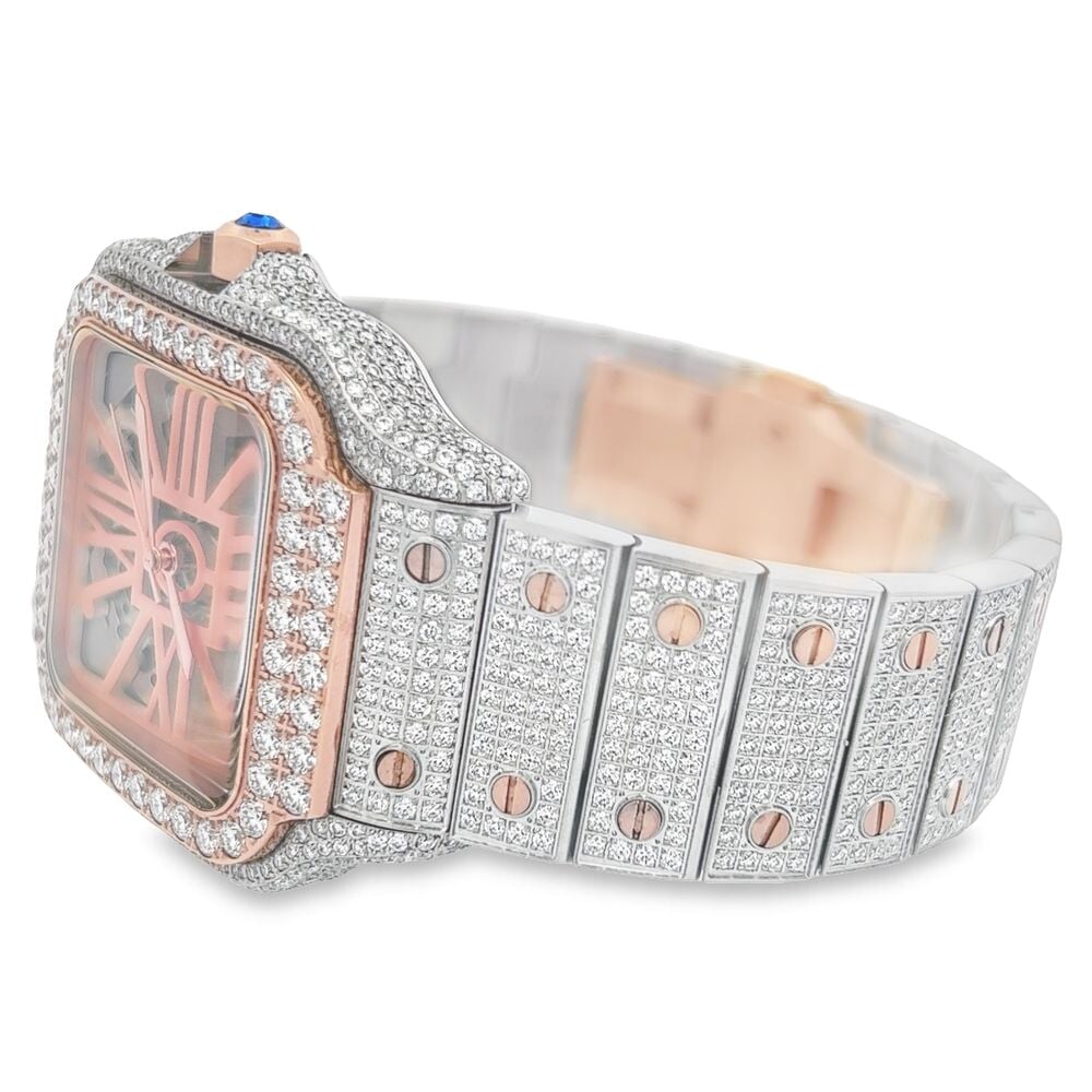 VVS Skeleton Moissanite Iced Out Auto Square Steel Watch 2 Tone Yellow/White HipHopBling