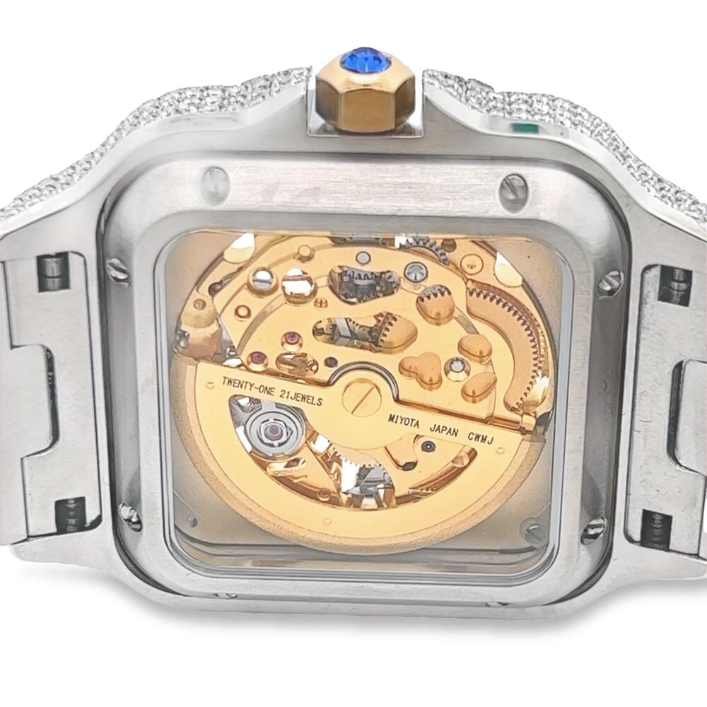 VVS Skeleton Moissanite Iced Out Auto Square Steel Watch 2 Tone Yellow/White HipHopBling