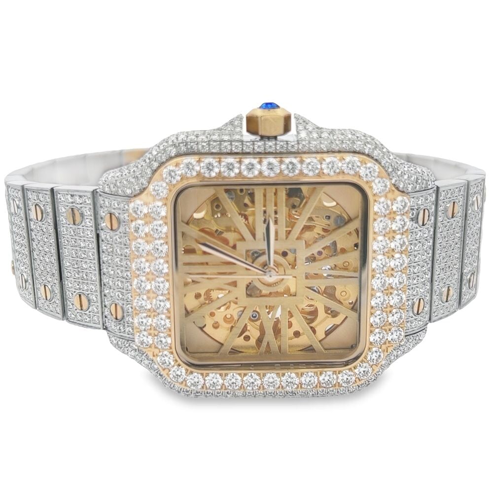 VVS Skeleton Moissanite Iced Out Auto Square Steel Watch 2 Tone Yellow/White HipHopBling
