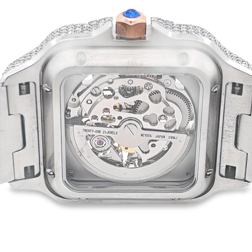 VVS Skeleton Moissanite Iced Out Auto Square Steel Watch 2 Tone Yellow/White HipHopBling