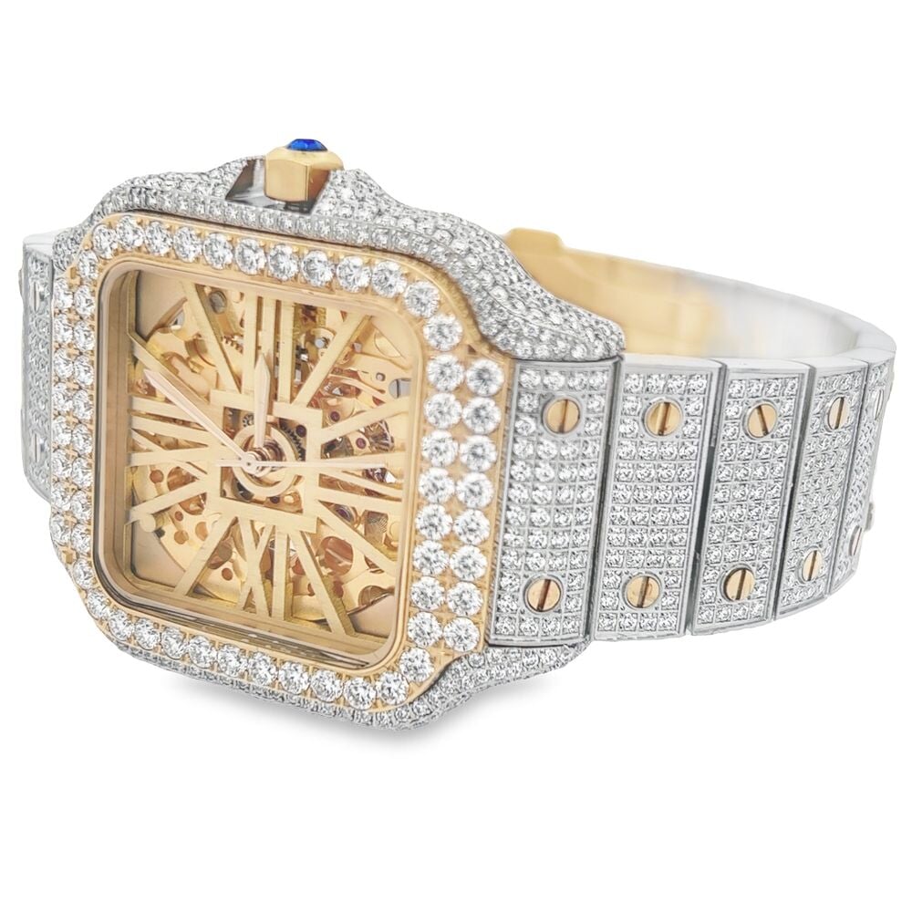 VVS Skeleton Moissanite Iced Out Auto Square Steel Watch 2 Tone Yellow/White HipHopBling