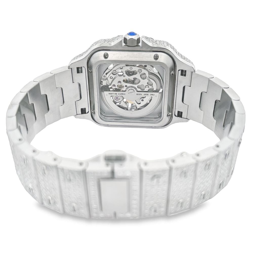VVS Skeleton Moissanite Iced Out Auto Square Steel Watch HipHopBling