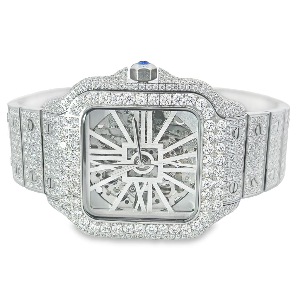 VVS Skeleton Moissanite Iced Out Auto Square Steel Watch White Gold HipHopBling