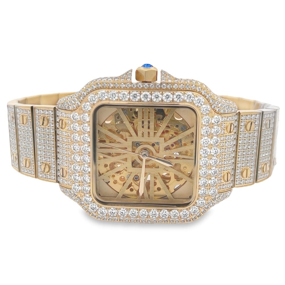 VVS Skeleton Moissanite Iced Out Auto Square Steel Watch Yellow Gold HipHopBling