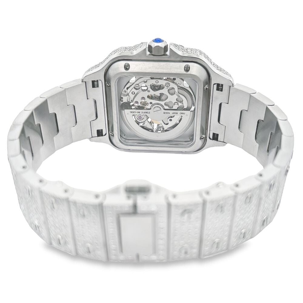VVS Skeleton Moissanite Iced Out Auto Square Steel Watch Yellow Gold HipHopBling