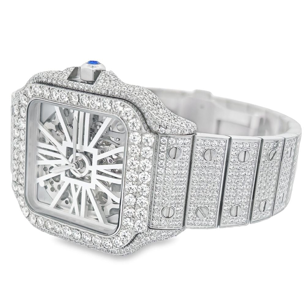 VVS Skeleton Moissanite Iced Out Auto Square Steel Watch Yellow Gold HipHopBling