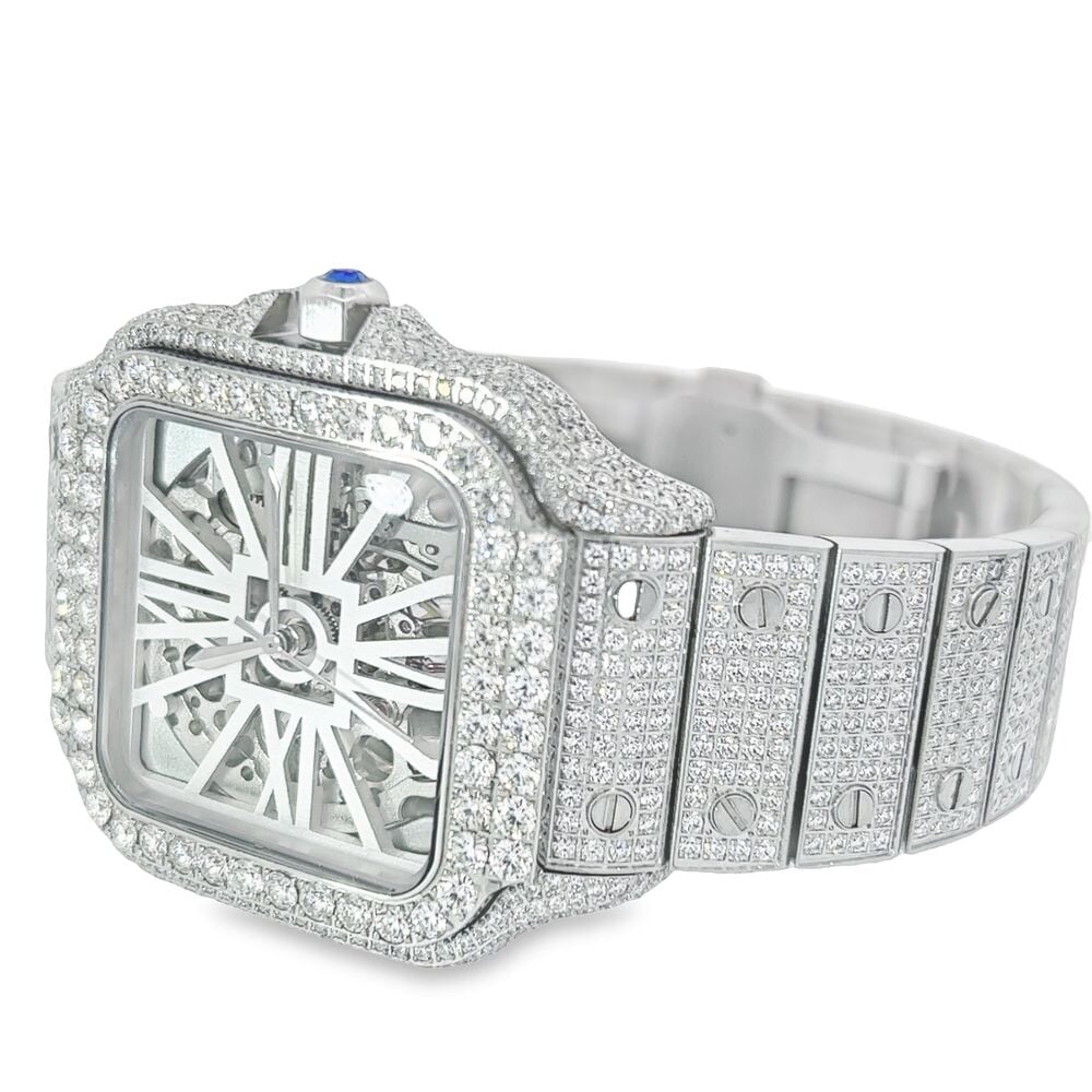 VVS Skeleton Moissanite Iced Out Auto Square Steel Watch Yellow Gold HipHopBling