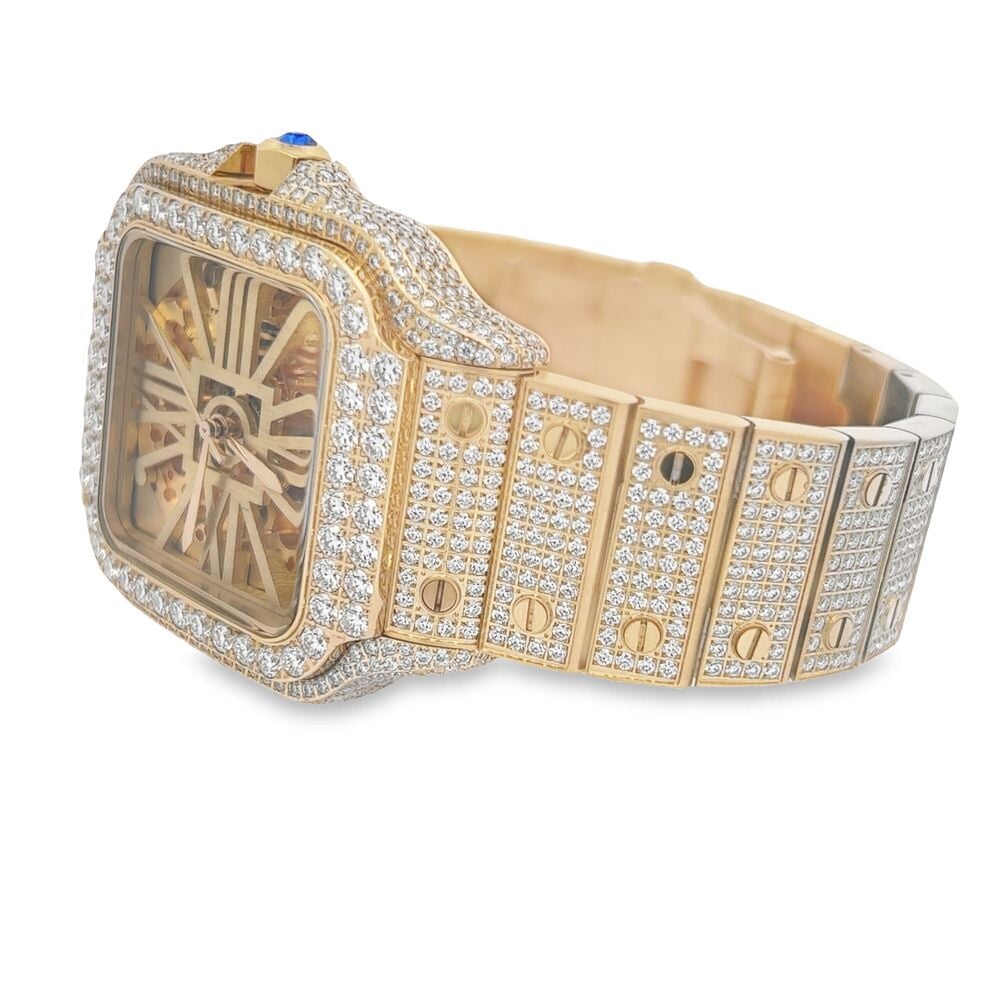 VVS Skeleton Moissanite Iced Out Auto Square Steel Watch Yellow Gold HipHopBling