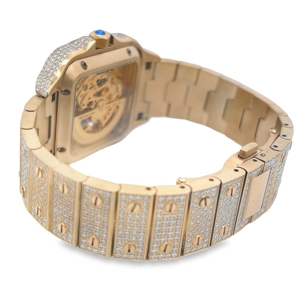 VVS Skeleton Moissanite Iced Out Auto Square Steel Watch Yellow Gold HipHopBling