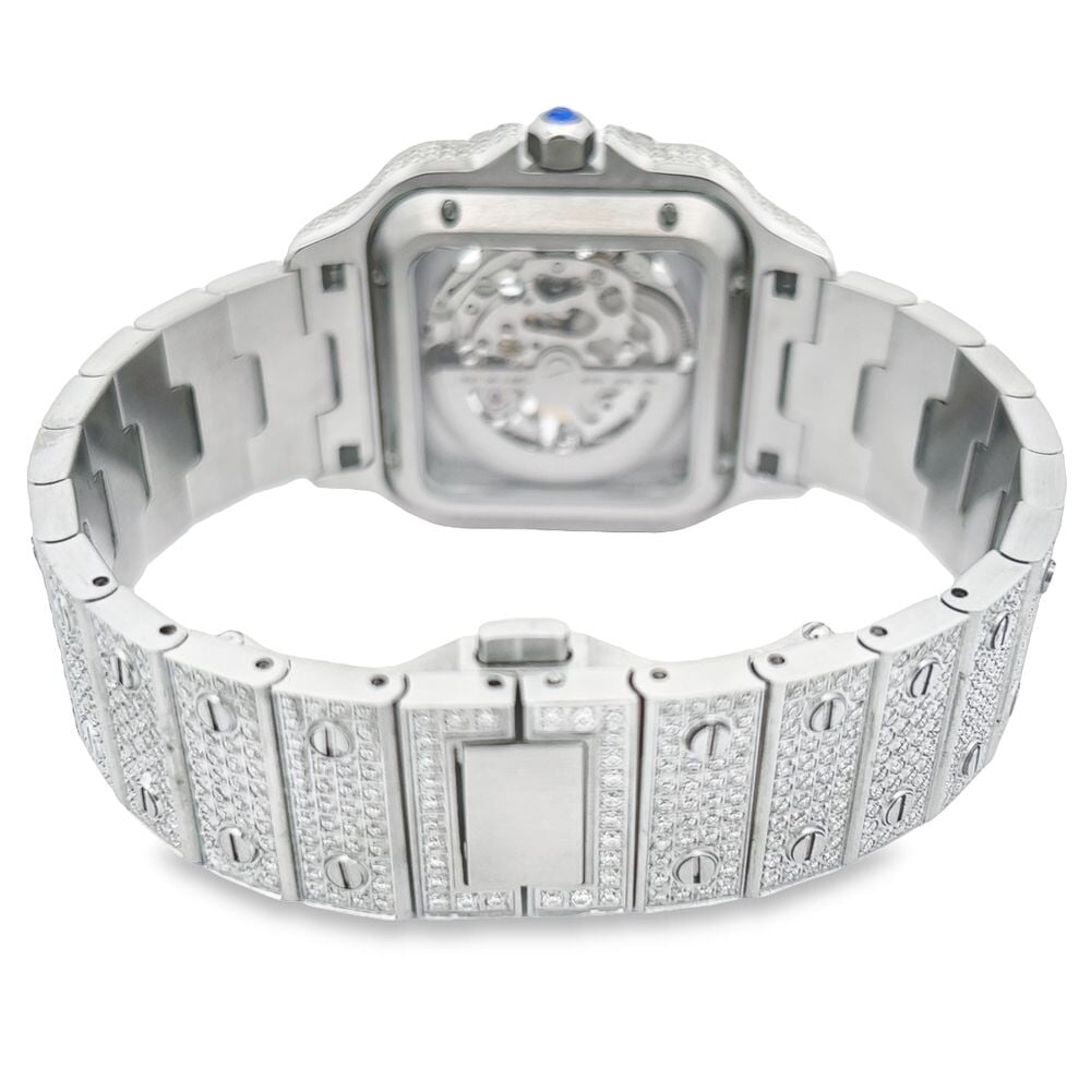 VVS Skeleton Moissanite Iced Out Auto Square Steel Watch Yellow Gold HipHopBling