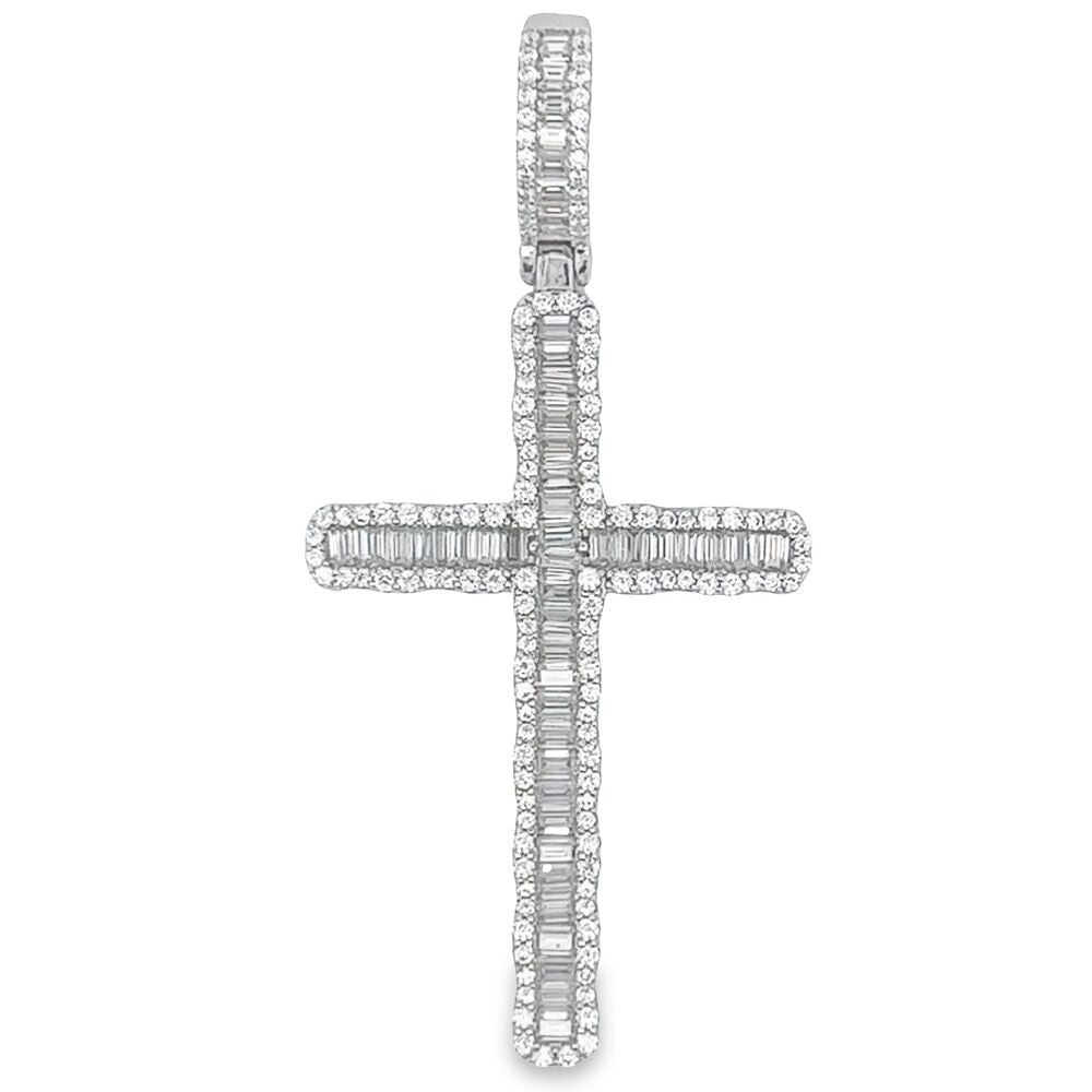 Wavy Baguette Cross VVS Moissanite Pendant 2.88cttw .925 Sterling Silver HipHopBling