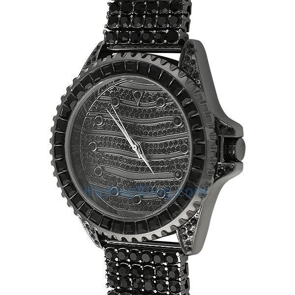 Wavy Custom Black Hip Hop Watch & 6 Row Band 7" HipHopBling