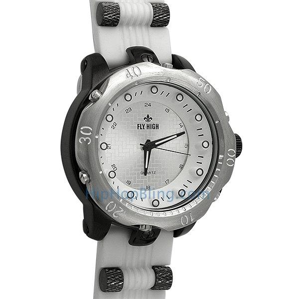White Rubber Fashion Mens Watch Silver Black HipHopBling