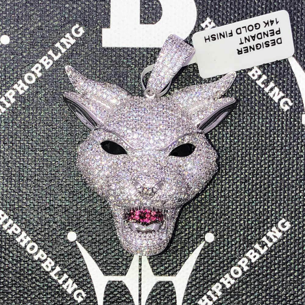Wolf with Horns CZ Hip Hop Bling Bling Pendant White Gold HipHopBling