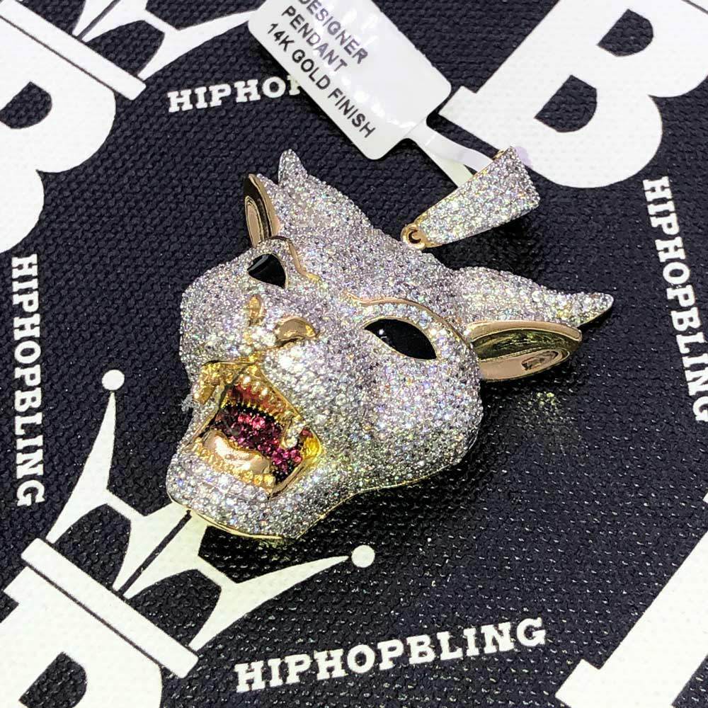 Wolf with Horns CZ Hip Hop Bling Bling Pendant Yellow Gold HipHopBling