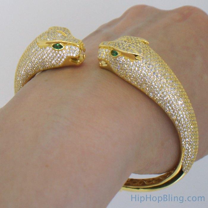 Womens Gold Tiger 3D CZ Bangle .925 Silver HipHopBling