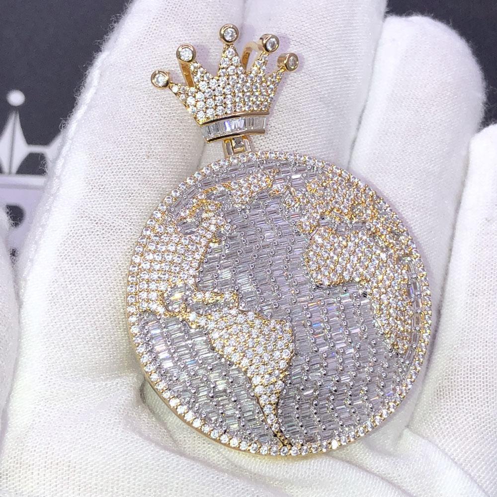 World Globe Baguette VVS CZ Hip Hop Iced Out Pendant Yellow Gold HipHopBling