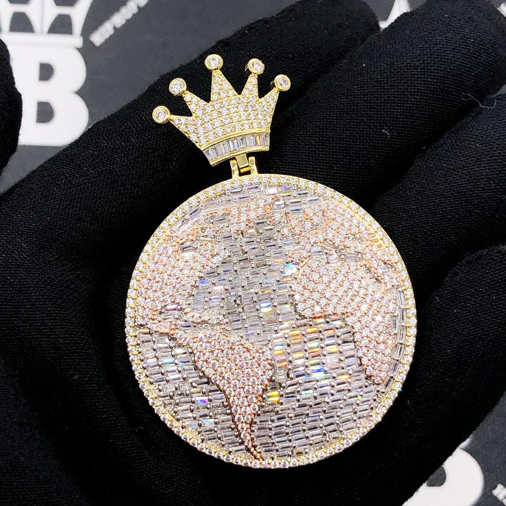 World Globe Crown 3 Tone Baguette VVS CZ Iced Out Pendant 3 Tone HipHopBling