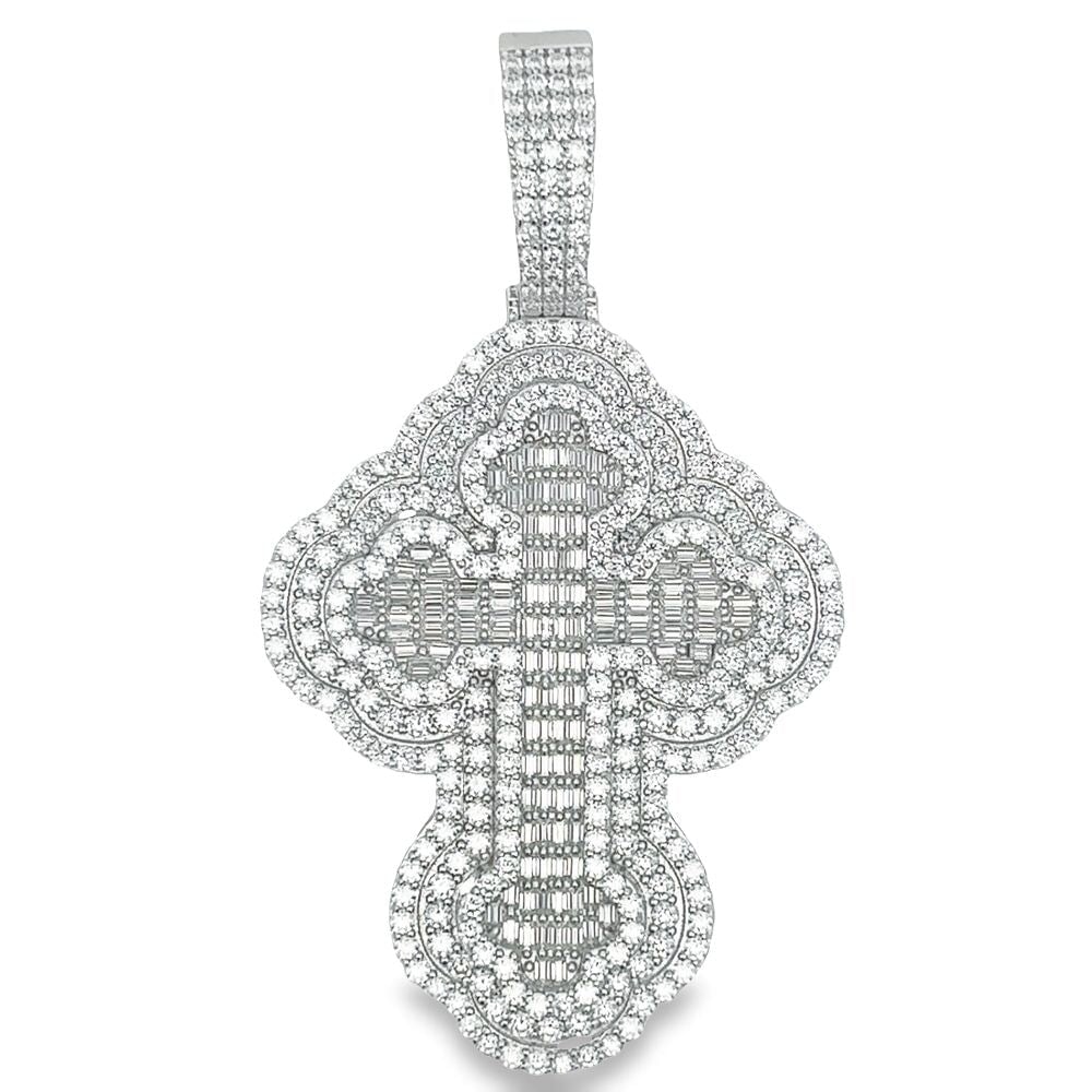 X - Large Clover Cross Baguette VVS Moissanite Pendant 9.09cttw .925 Sterling Silver HipHopBling