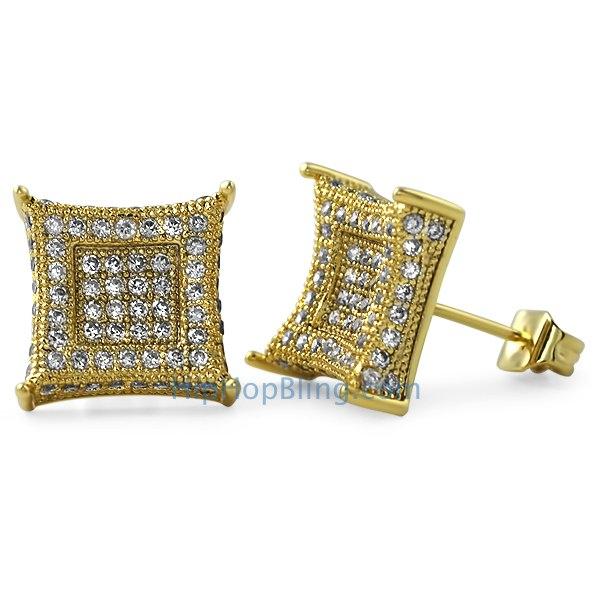 XL 3D Box Kite Gold CZ Bling Bling Earrings HipHopBling