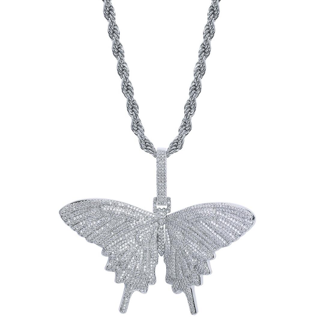 XL 3D Butterfly Iced Out Bling Bling Pendant White Gold HipHopBling
