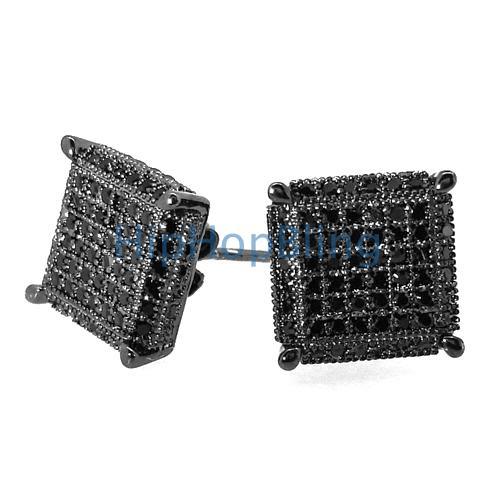 XL 3D Cube CZ Black .925 Silver Micropave Earrings HipHopBling