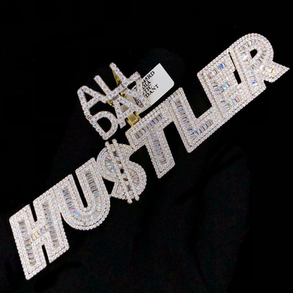 XL ALL Day HU$TLER Baguette VVS CZ Hip Hop Bling Pendant Yellow Gold HipHopBling