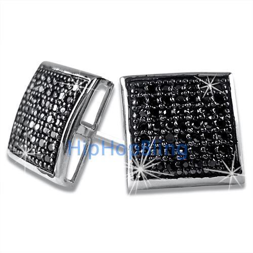XL Black CZ Puffed Box Micro Pave Earrings .925 Silver HipHopBling