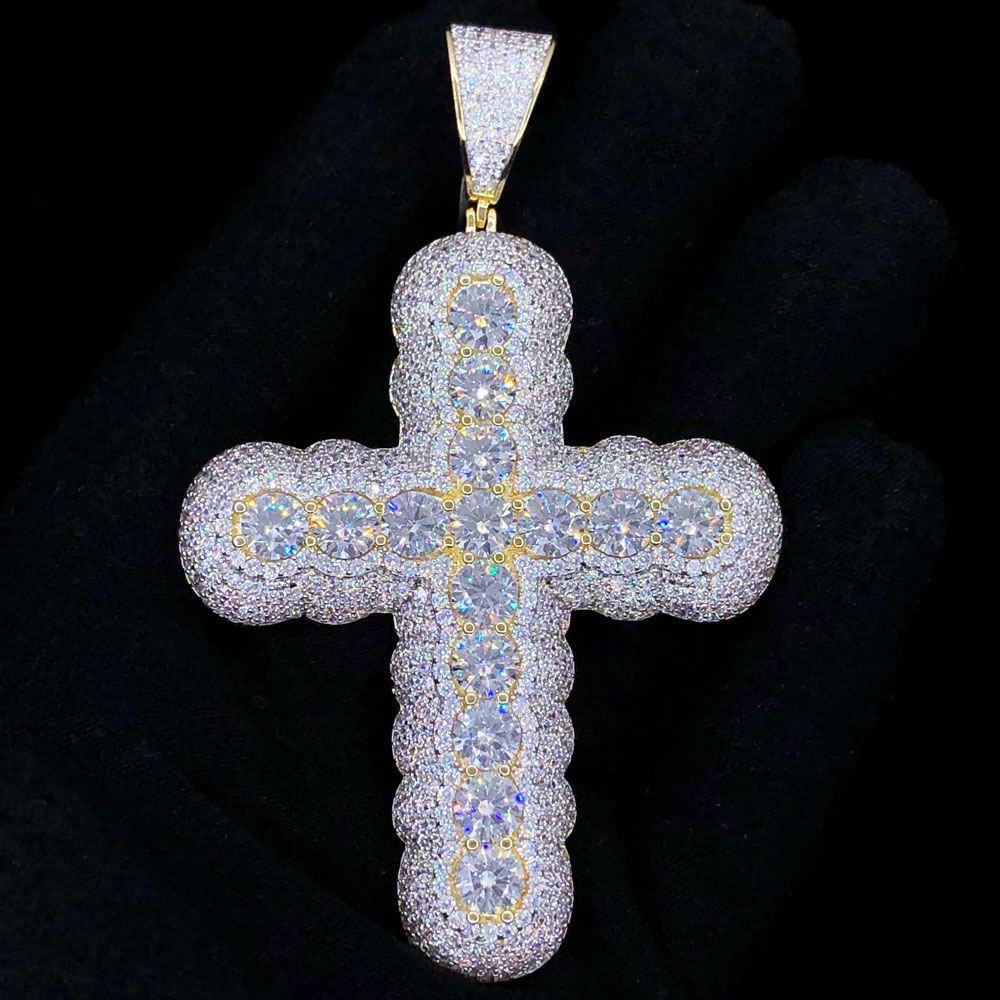 XL Bubble Cross VVS CZ Hip Hop Iced Out Pendant Yellow Gold HipHopBling