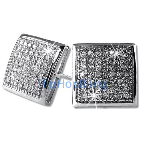 XL CZ Puffed Box Micro Pave Iced Out Earrings .925 Silver HipHopBling