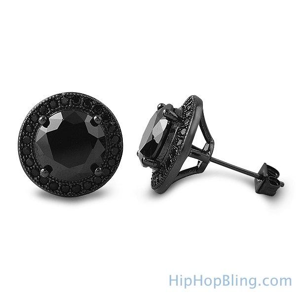 XL Halo Solitaire Black CZ Bling Bling Earrings HipHopBling