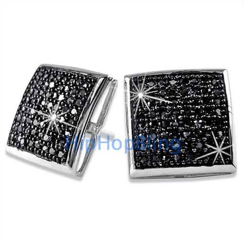 XXL Black CZ Puffed Box Bling Bling Micro Pave Earrings .925 Silver HipHopBling