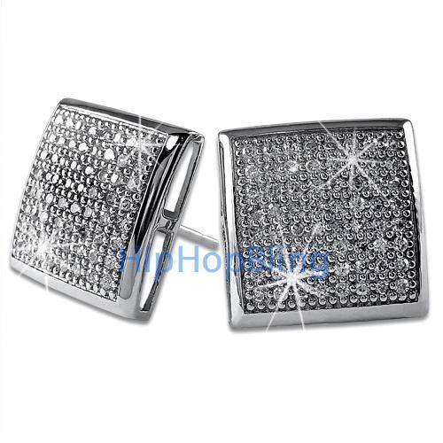XXL CZ Puffed Box Bling Bling Micro Pave Earrings .925 Silver HipHopBling