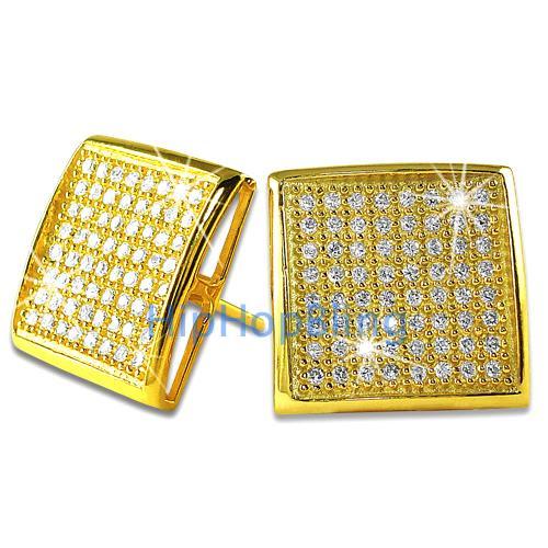 XXL Deep Dish Box Gold Vermeil CZ Bling Micro Pave Earrings .925 Silver HipHopBling