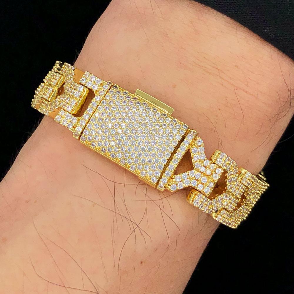 Y-Link CZ Iced Out Hip Hop Bling Bracelet Yellow Gold 7" HipHopBling