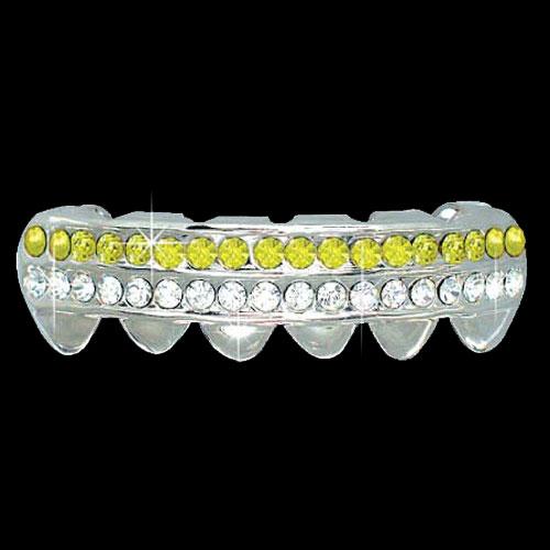 YELLOW / CLEAR Double Bar SILVER Iced Out Grillz Hip Hop Bling Grills BOTTOM HipHopBling